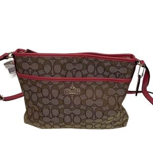 COACH Signature Canvas Style Crossbody  Bag- Pink Fuschia Trim